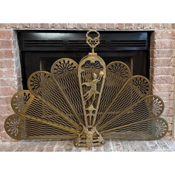 XL Vintage Art Deco Fireplace Screen Brass Ornate Peacock Folding Fan Rare 47" W - Picture 4 of 11